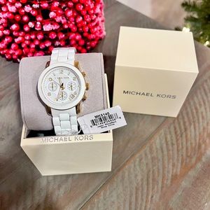 NWT MK5145 Women’s Two Tone Stainless Steel Quartz Chronograph White Dial Watch